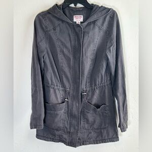 Mossimo Distressed Dark Gray Lightweight Hooded Jacket with Cinch Waist Sz M
